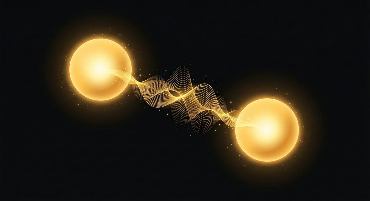 Abstract visualization of two souls connecting through golden sound waves